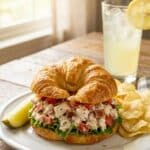 A BLT Chicken Salad sandwich served on a croissant with a pickle and chips on a sunny table.