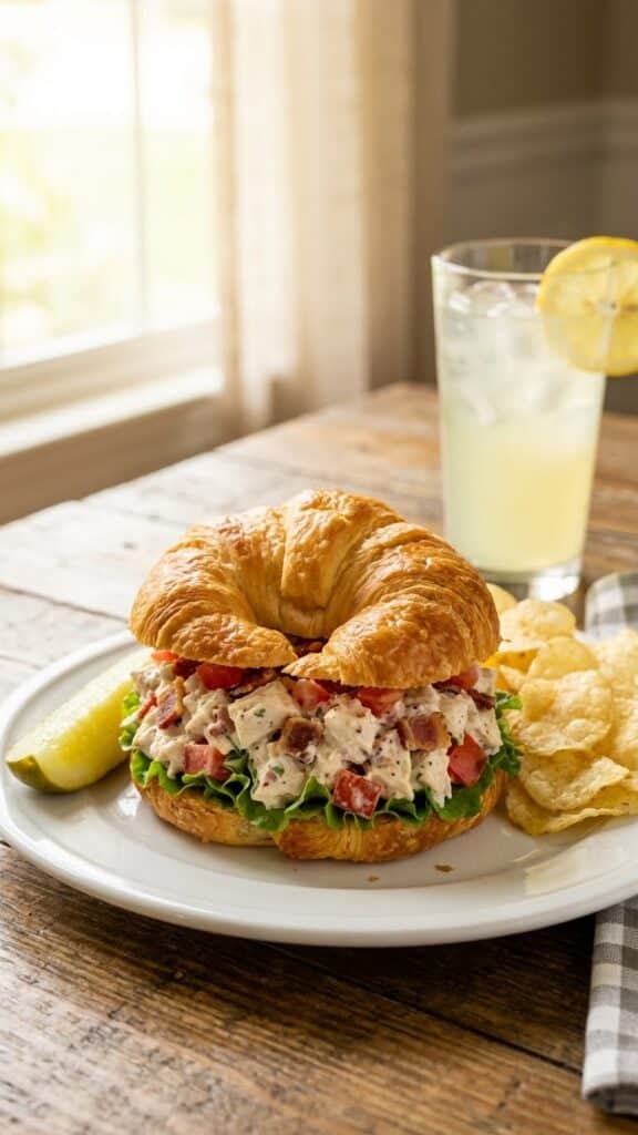 A BLT Chicken Salad sandwich served on a croissant with a pickle and chips on a sunny table.