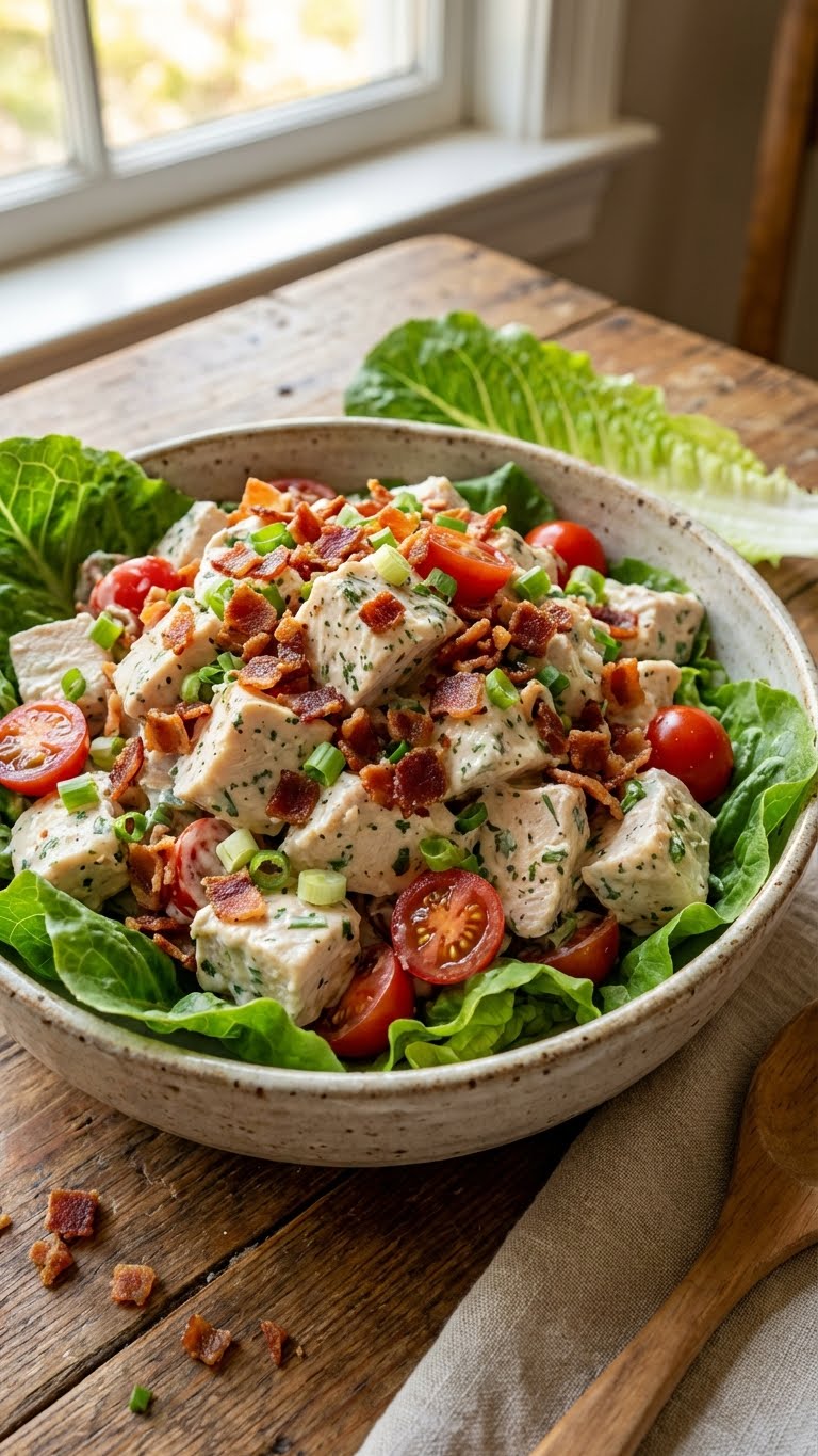 Close-up of creamy chicken salad in a bowl mixed with bacon crumbles, cherry tomatoes, and green onions.