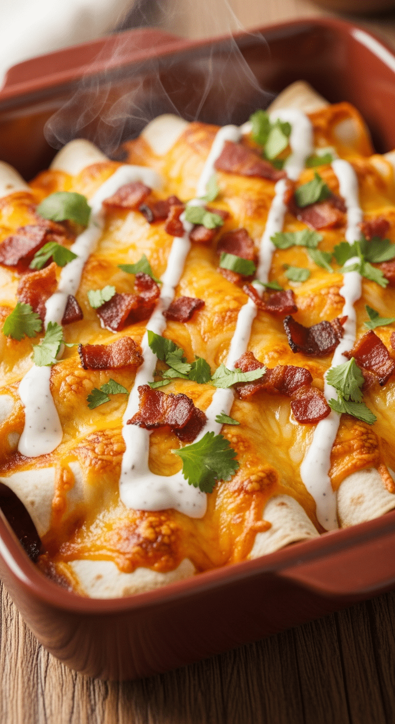 Close-up of baked Bacon-Ranch Chicken Enchiladas in a casserole dish with melted cheese, bacon bits, and ranch drizzle.