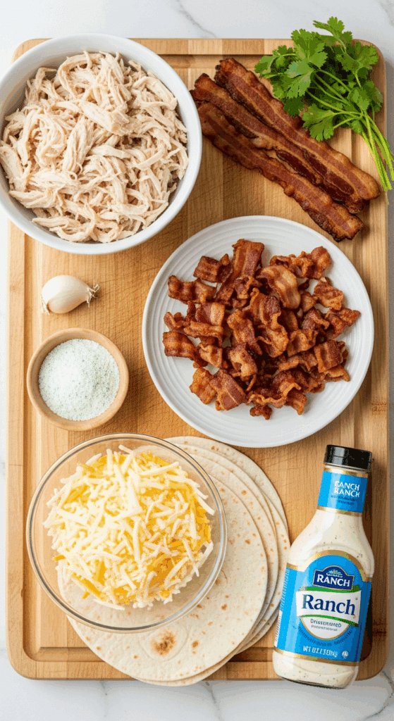 Raw ingredients for chicken enchiladas including shredded chicken, bacon, cheese, tortillas, and ranch seasoning on a wooden board.