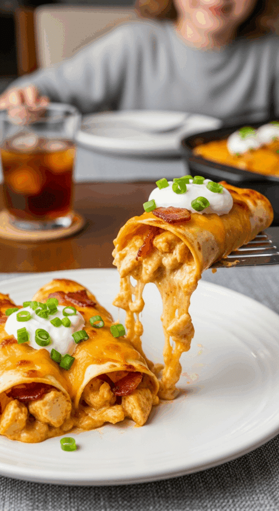 Plated Bacon-Ranch Chicken Enchiladas with filling showing, served with sour cream on a dinner table.