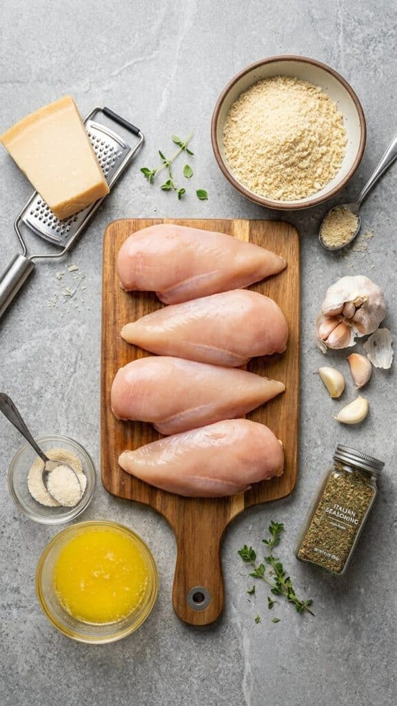 Shows the simplicity of the pantry staples used. It visually breaks down the "breading station" concept.