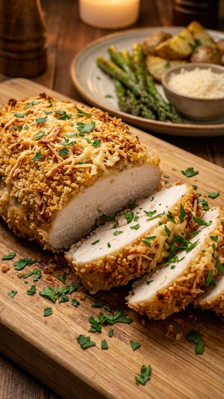 A texture-focused shot that aims to prove that "baked" chicken can still be crispy and appetizing, not dry.