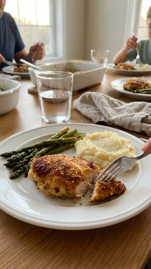 Places the protein in a complete meal context, offering serving suggestions (asparagus/potatoes) to the viewer.