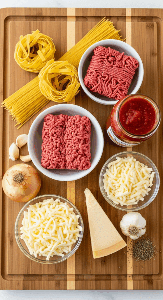 Raw ingredients for baked spaghetti including dry pasta, ground beef, marinara sauce, cheeses, onion, and herbs laid out on a wooden board.