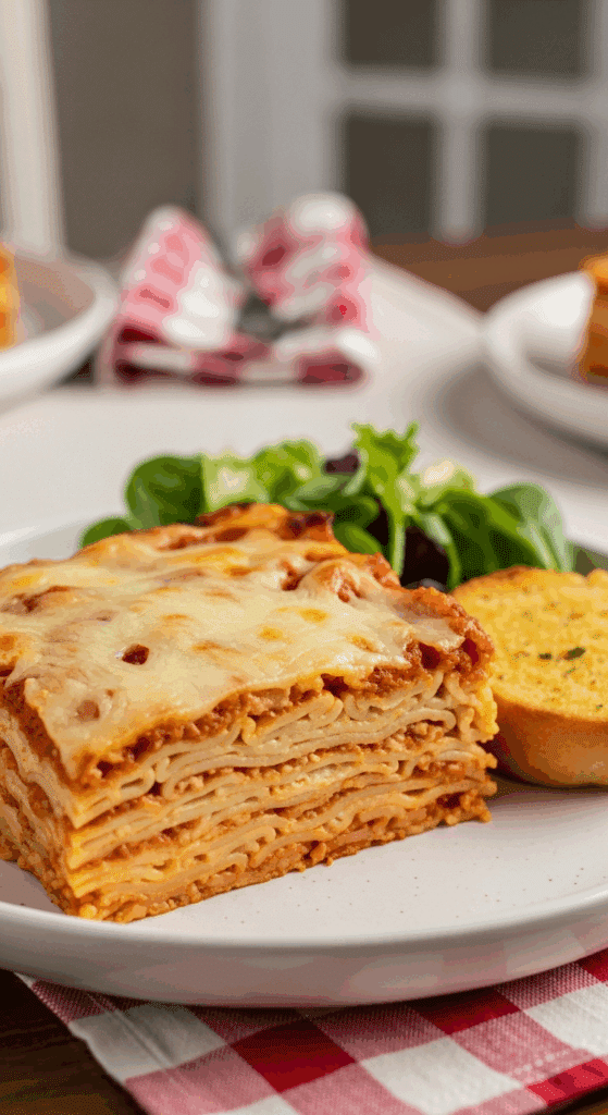 A slice of Baked Spaghetti served on a plate with garlic bread and salad at a cozy dinner table.