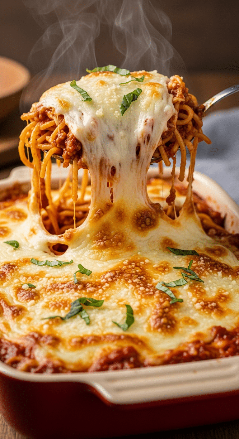 Close-up of a Baked Spaghetti casserole with a golden-brown cheese crust, with a spoonful being lifted to show the saucy pasta and melted cheese.