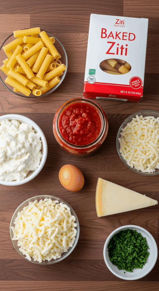 Overhead view of ingredients for baked ziti: dry ziti pasta, marinara sauce, ricotta, mozzarella, parmesan, an egg, and parsley on a wooden counter.