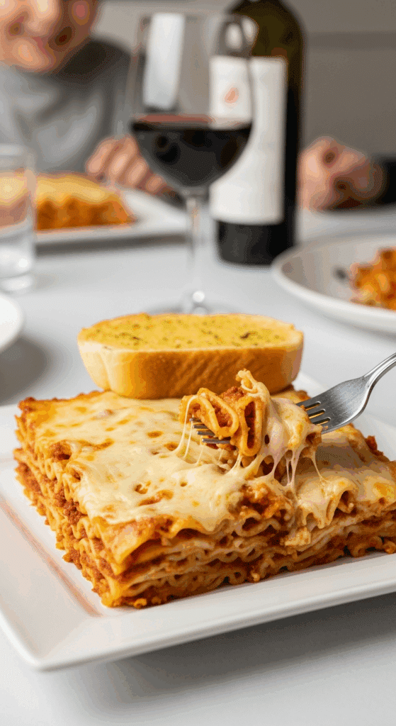 A plate of baked ziti served with garlic bread, with a fork lifting a cheesy bite, set in a cozy dinner atmosphere with red wine.