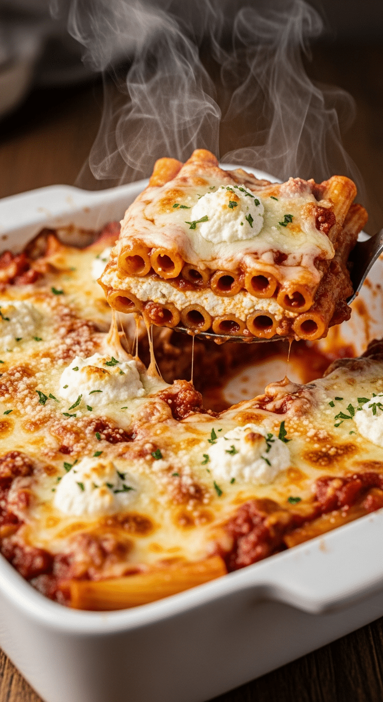 A close-up photograph of a hot, bubbling baked ziti casserole in a white dish, with a spoon lifting a scoop to show the creamy ricotta and sauce layers.
