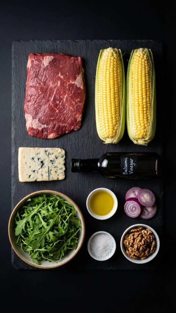 Flat lay of ingredients for steak salad including raw steak, corn, gorgonzola, and balsamic vinegar.