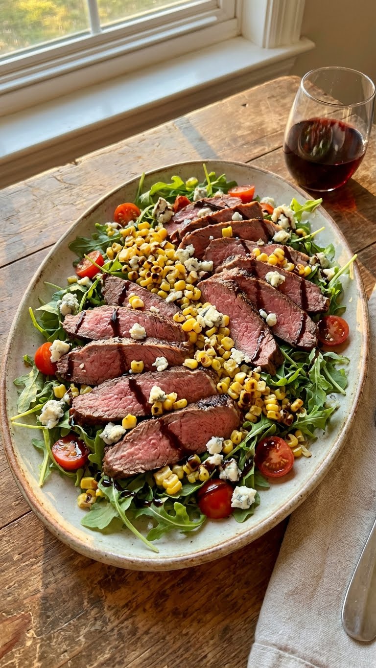 A large platter of balsamic steak salad with grilled corn, gorgonzola cheese, and tomatoes.