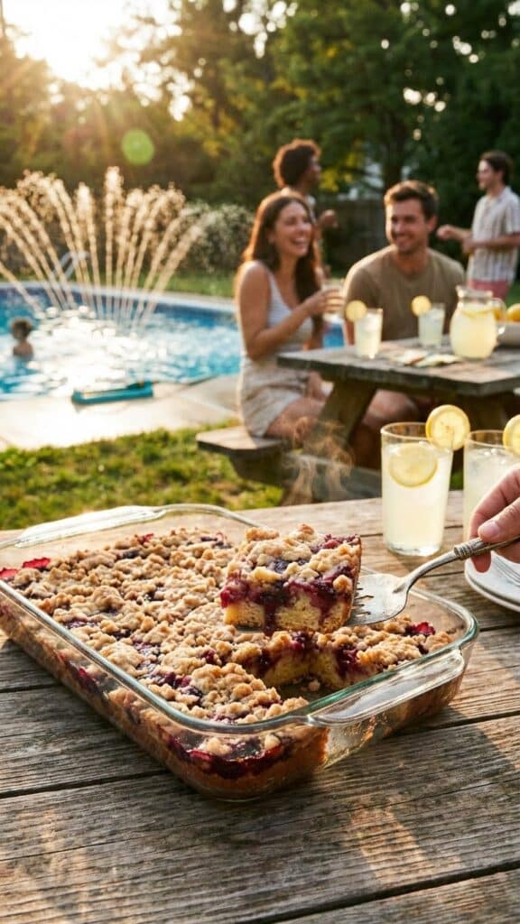 A pan of banana split ice cream cake being served at a pool party.