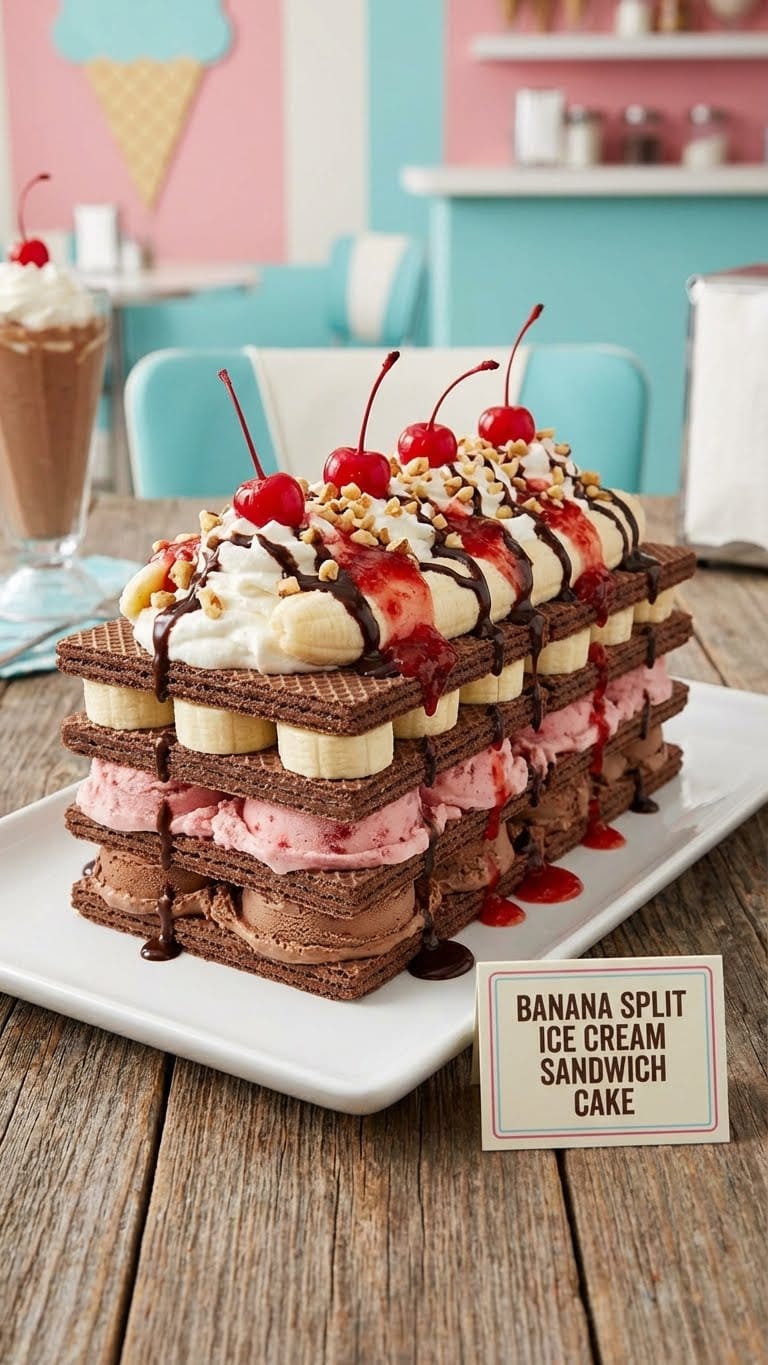 A slice of ice cream cake made with sandwiches, topped with bananas, strawberries, and cherries.