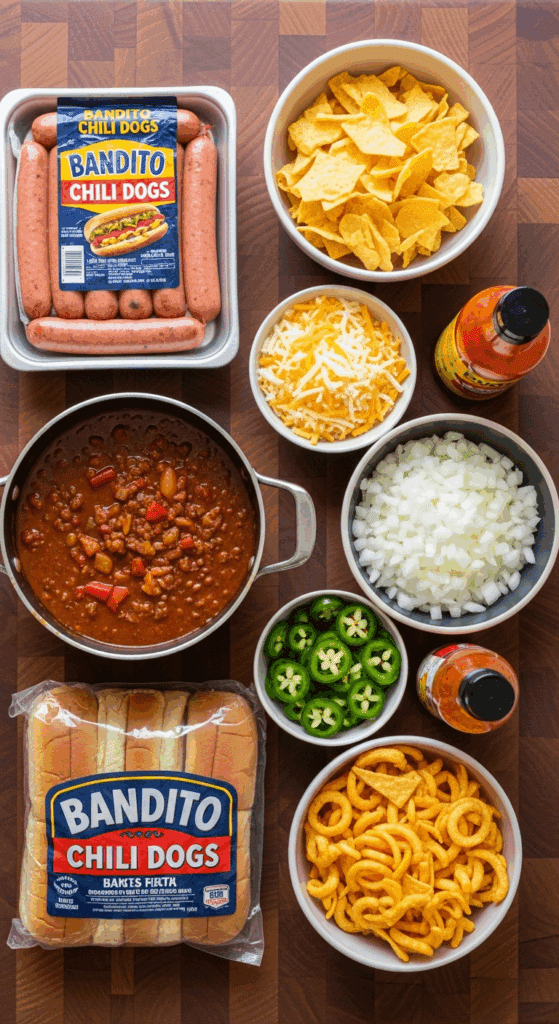 Overhead view of ingredients for Bandito Chili Dogs: hot dogs, buns, chili, cheese, onions, jalapeños, and corn chips arranged on a counter.