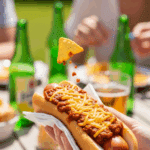 A hand holding a messy, loaded chili dog wrapped in a napkin at an outdoor barbecue, with toppings overflowing.