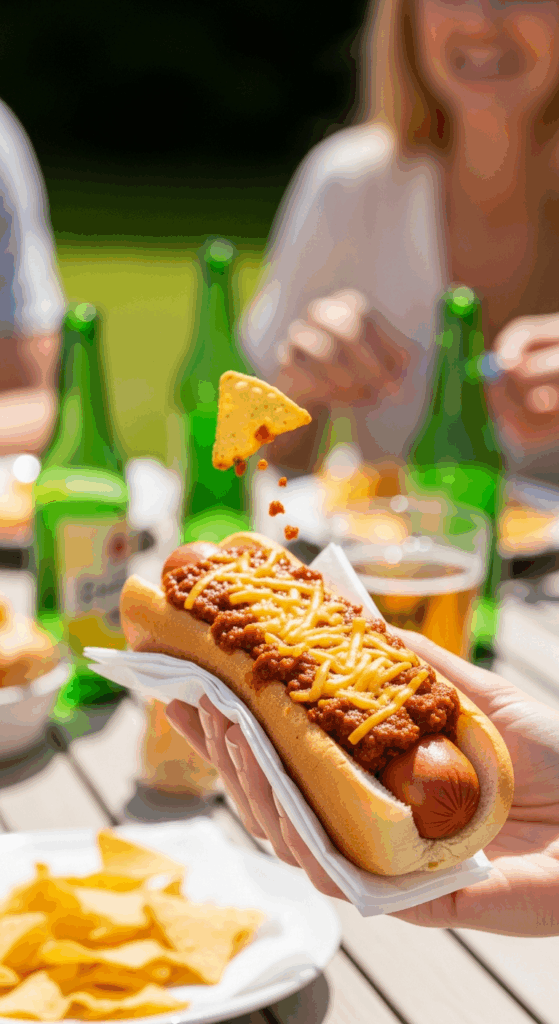 A hand holding a messy, loaded chili dog wrapped in a napkin at an outdoor barbecue, with toppings overflowing.