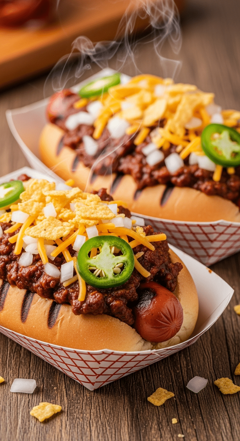 Two fully loaded chili dogs in paper boats, topped with shredded cheese, onions, crushed corn chips, and sliced jalapeños.