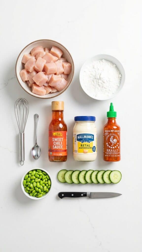 Flat lay of ingredients for Bang Bang chicken including sweet chili sauce, mayo, and raw chicken.