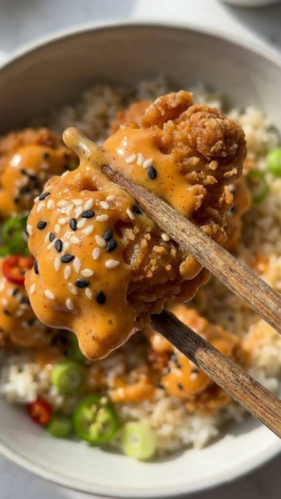 Close-up of a piece of crispy chicken coated in creamy Bang Bang sauce held by chopsticks.