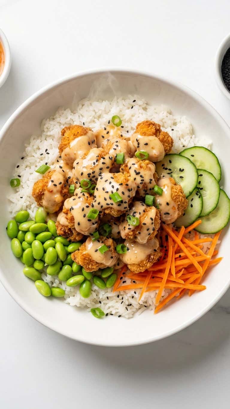 A rice bowl topped with crispy creamy Bang Bang chicken, edamame, and cucumber.