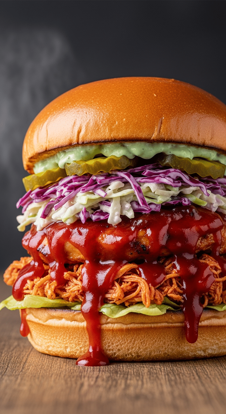 Juicy Barbecue Chicken Sandwich on a brioche bun topped with coleslaw and pickles.