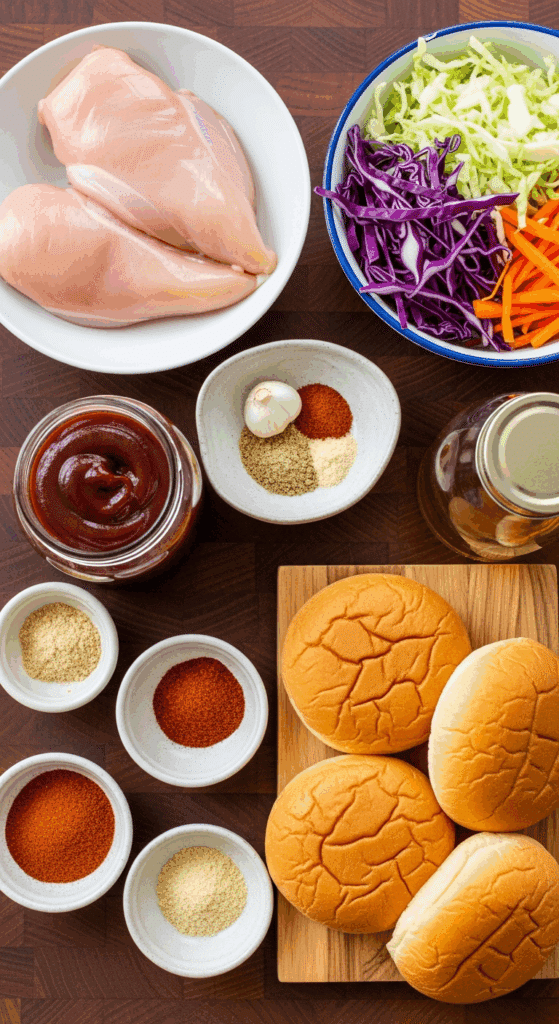 Ingredients for BBQ Chicken Sandwiches including chicken, buns, cabbage, and spices on a butcher block.