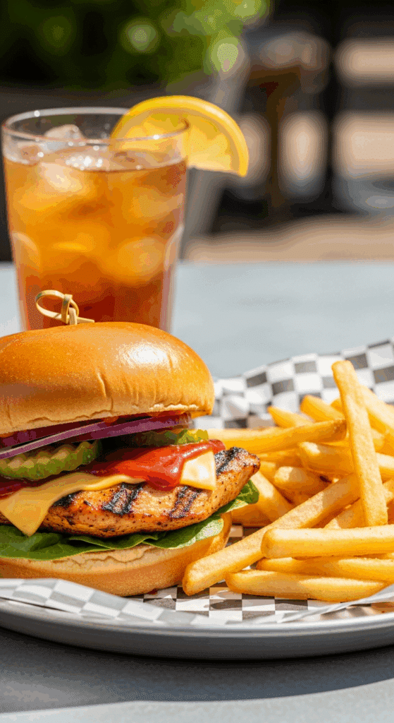 Plated Barbecue Chicken Sandwich served outdoors with fries and iced tea.