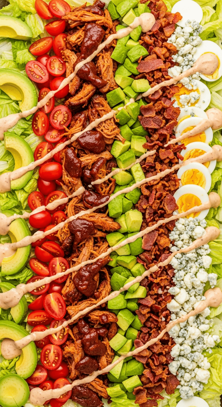An overhead photograph of a large Barbecue Pork Cobb Salad platter with rows of pulled pork, avocado, tomatoes, bacon, eggs, and cheese drizzled with dressing.