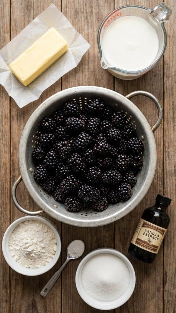 An organized, top-down view of the raw ingredients before cooking, emphasizing the freshness of the berries and the simplicity of the pantry staples.