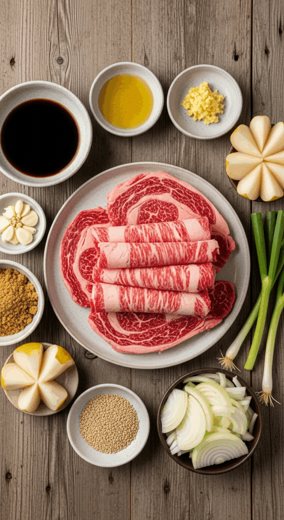 Overhead view of ingredients for beef bulgogi: raw thinly sliced ribeye, soy sauce, sesame oil, sugar, garlic, ginger, Asian pear, onions, and sesame seeds arranged on a wooden table.