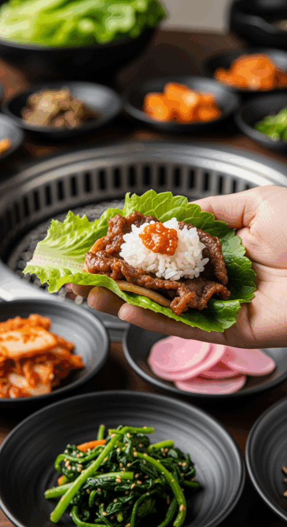 A hand making a lettuce wrap with beef bulgogi, rice, and ssamjang, set against a background of various Korean side dishes (banchan).