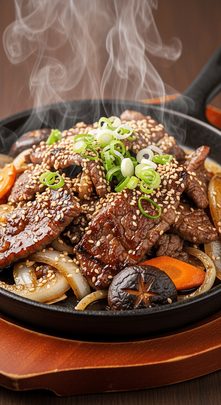 A close-up photograph of sizzling beef bulgogi in a cast-iron skillet, showing caramelized thinly sliced beef coated in a glossy sauce, garnished with sesame seeds and green onions.