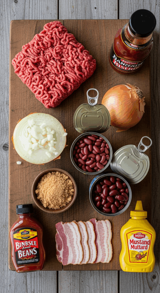 Overhead view of ingredients for beef and beans: ground beef, canned beans, onion, BBQ sauce, brown sugar, and bacon arranged on a wooden board.