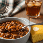 A bowl of hot beef and beans served with a piece of buttered cornbread and iced tea in a cozy country setting.