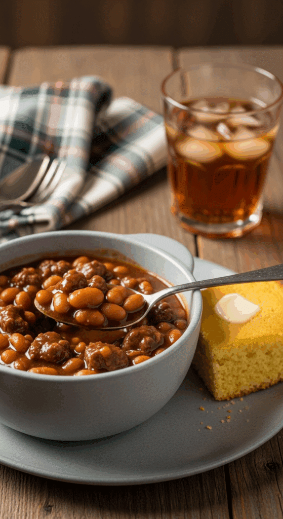 A bowl of hot beef and beans served with a piece of buttered cornbread and iced tea in a cozy country setting.