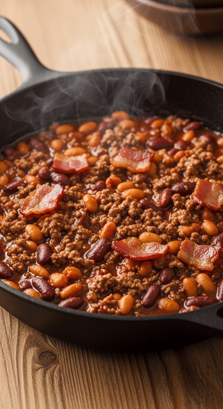 A cast-iron skillet filled with hearty beef and beans in a rich sauce, topped with bacon, sitting on a rustic wooden table.