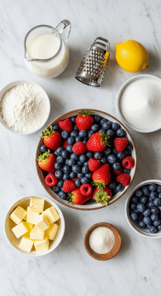Overhead view of ingredients for berry cobbler: a large bowl of mixed fresh berries surrounded by bowls of flour, sugar, butter, milk, and a lemon on a marble surface.