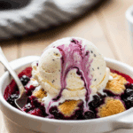 A bowl of warm berry cobbler topped with a melting scoop of vanilla ice cream, served in a cozy setting with a spoon ready to eat.