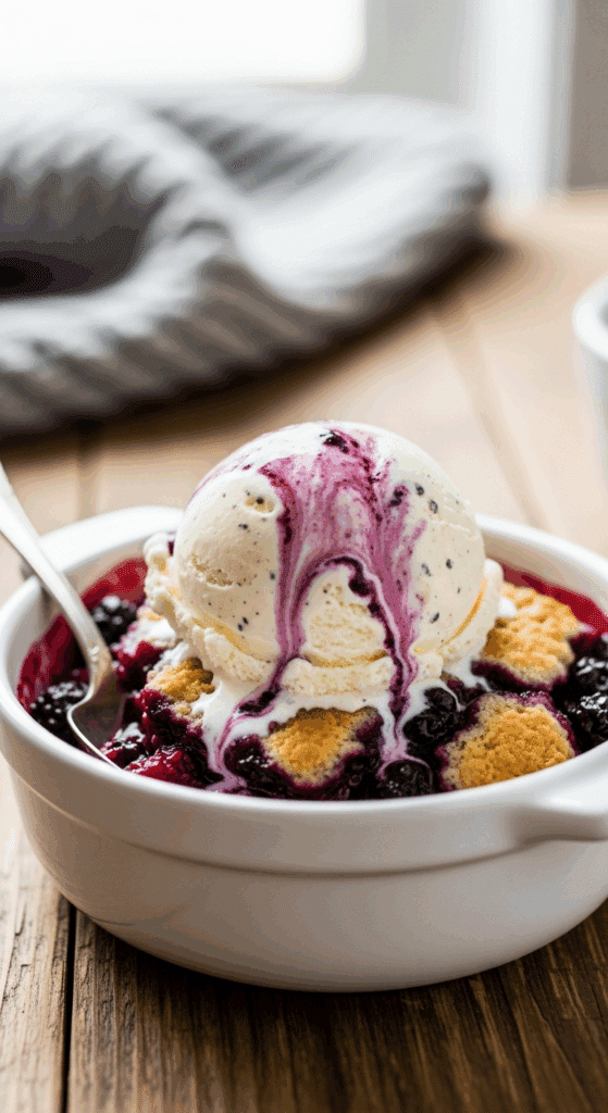 A bowl of warm berry cobbler topped with a melting scoop of vanilla ice cream, served in a cozy setting with a spoon ready to eat.