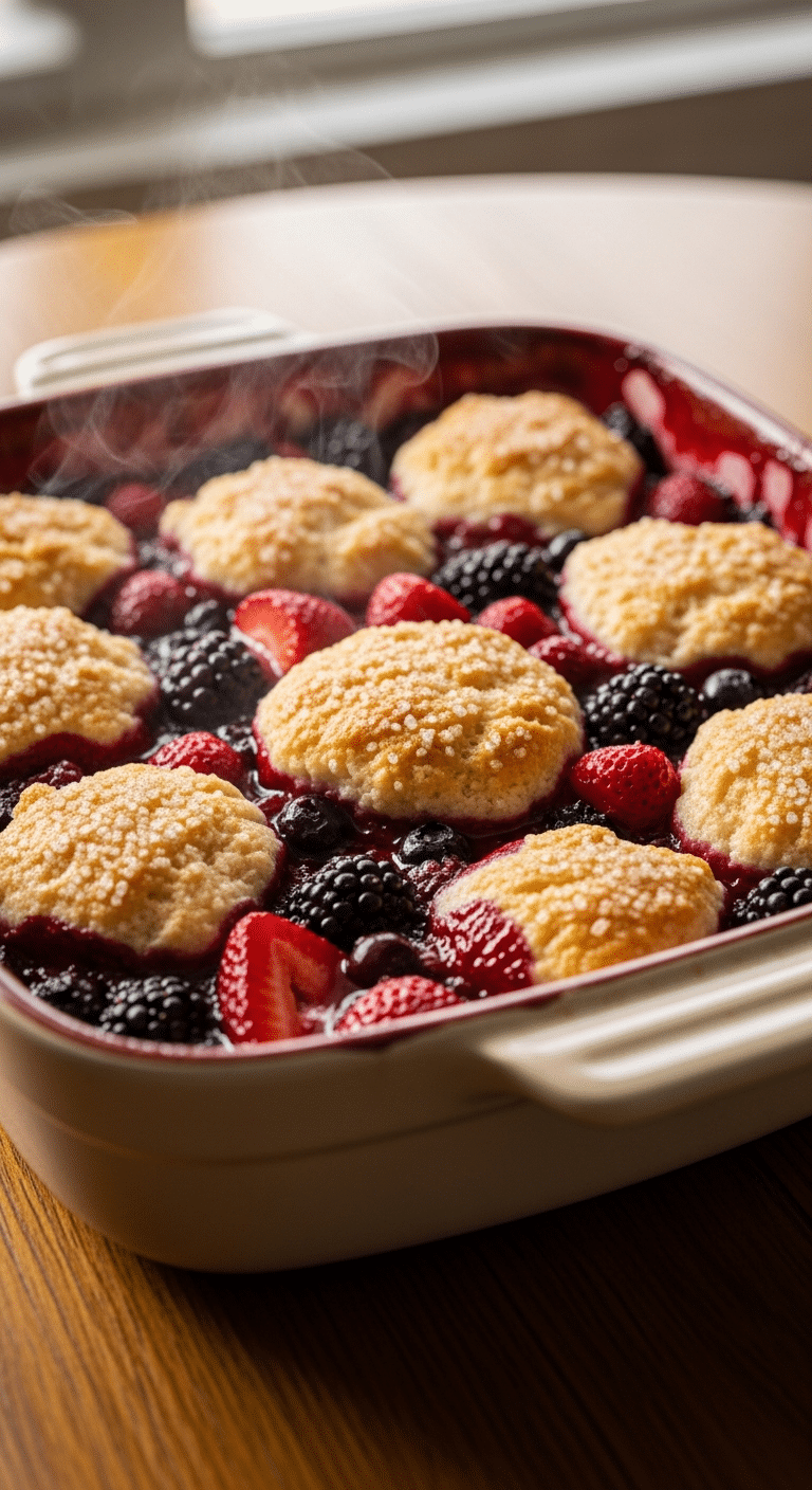 A close-up photograph of a hot, bubbling mixed berry cobbler in a ceramic dish with a golden-brown biscuit topping and steam rising.
