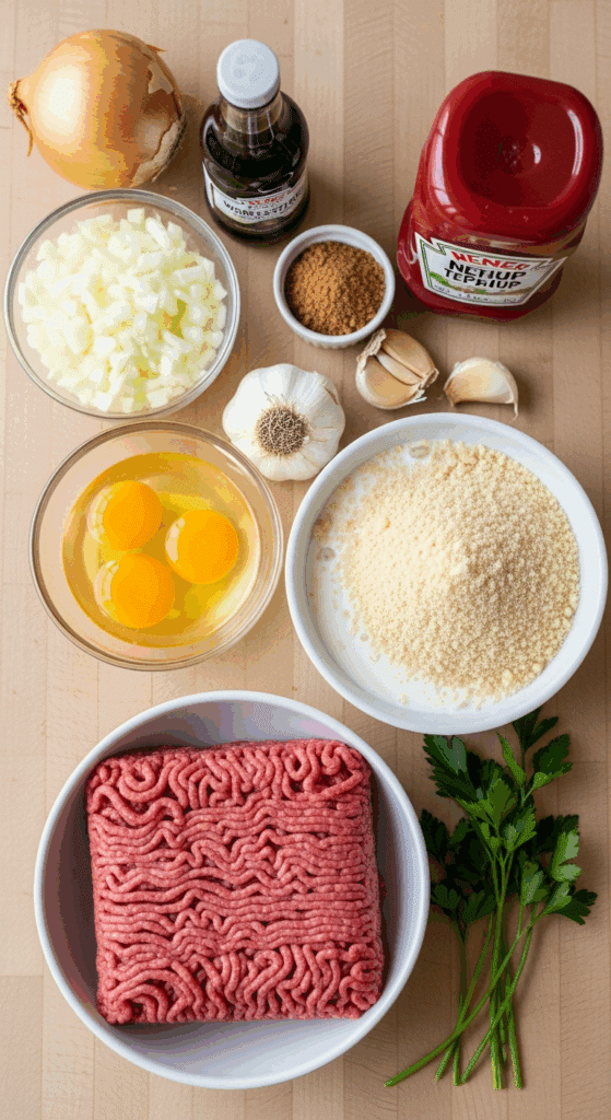 Raw ingredients for meatloaf including ground beef, soaked breadcrumbs, eggs, onion, and ketchup glaze ingredients on a wooden block.