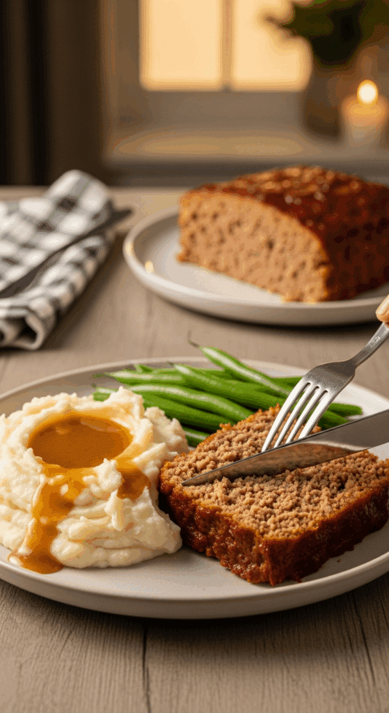 Plated meatloaf slice served with mashed potatoes and green beans at a dinner table.
