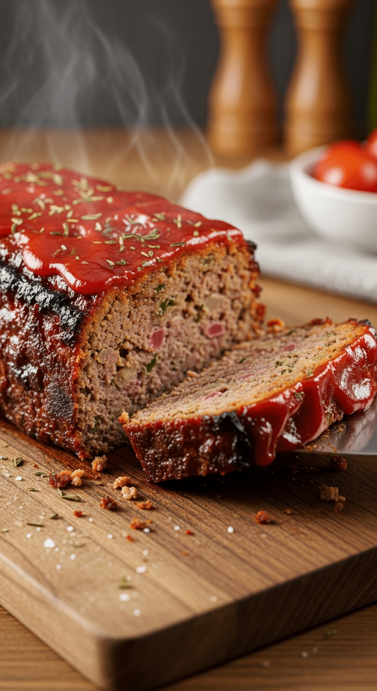 Close-up of a juicy meatloaf with a sticky caramelized glaze on a cutting board, with a slice being lifted to show the moist interior.