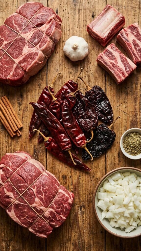 Ingredients for beef birria including dried chiles, chuck roast, short ribs, and spices.