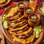 A platter of beef birria tacos served with cups of consommé and lime wedges.