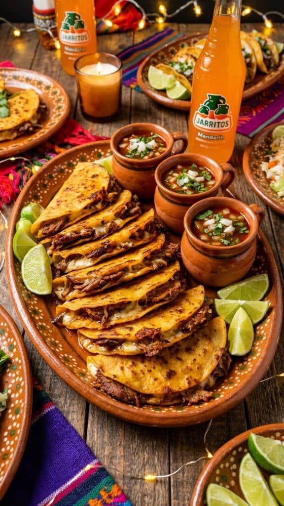 A platter of beef birria tacos served with cups of consommé and lime wedges.