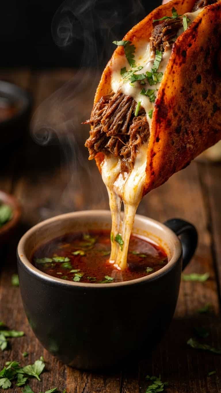A crispy beef birria taco being dipped into a cup of consommé with a long cheese pull.