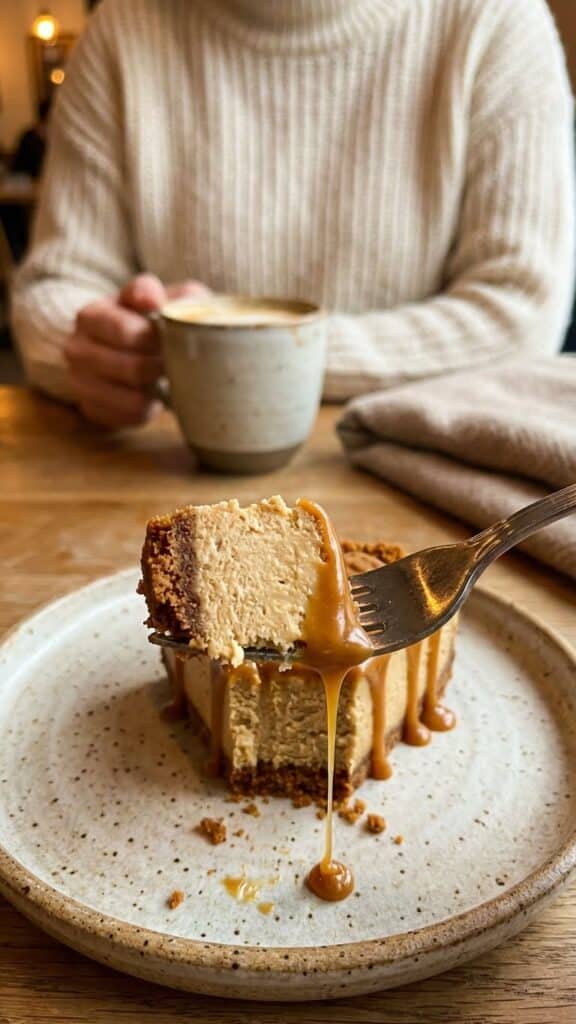 Close-up point-of-view shot of a fork taking a bite from a slice of Biscoff Caramel Cheesecake showing the creamy texture and dripping caramel.
